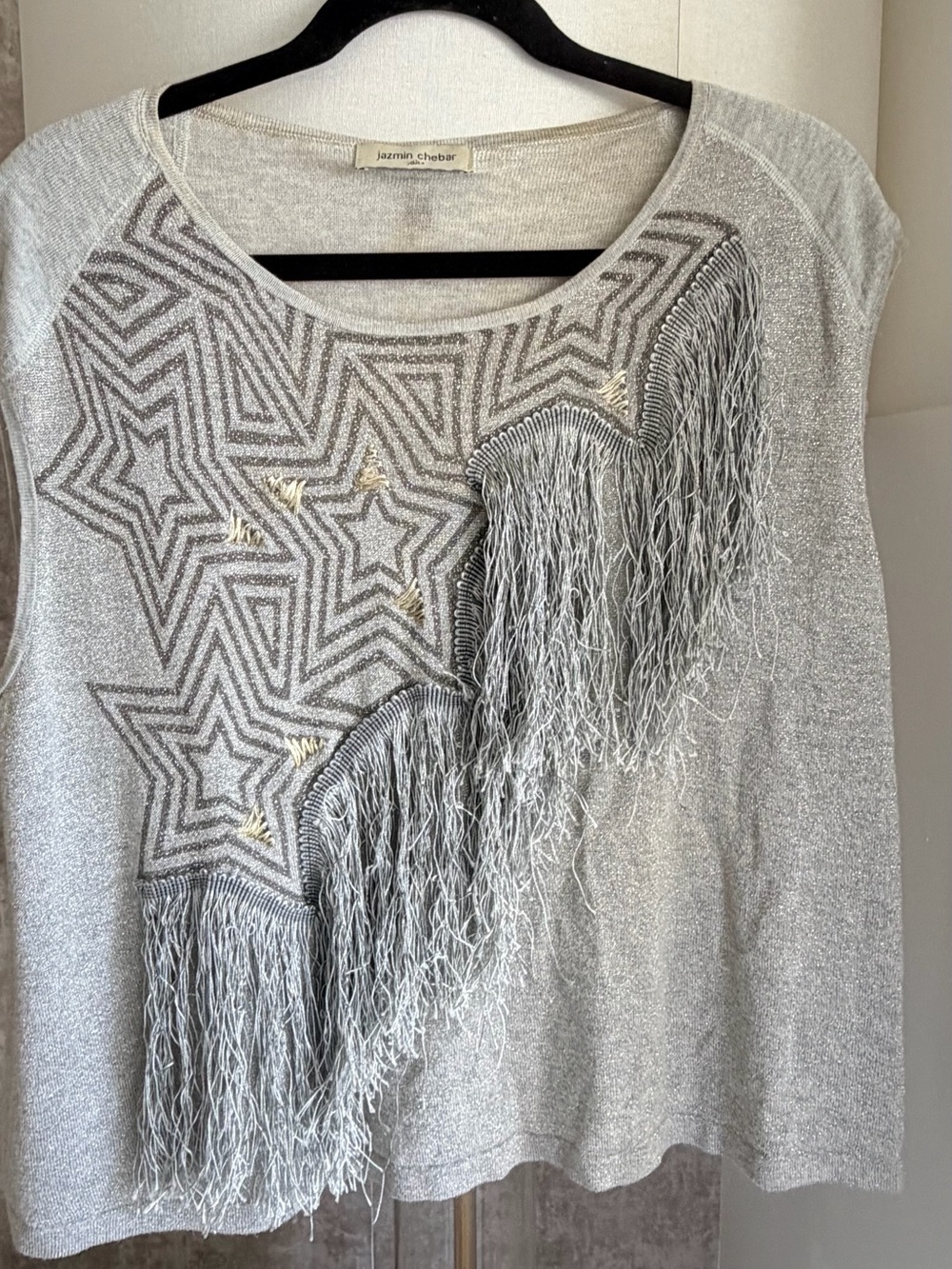 Jazmin Chebar Silver Fringe Star Short-Sleeve Top